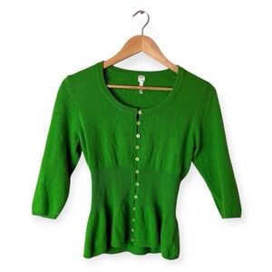 FUTURE PARADISE 100% Cashmere Kelly Green Button Front Cinched Waist Sweater S/M